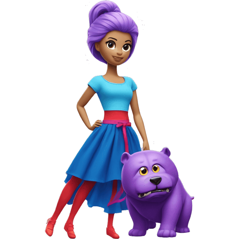 A Barbie with purple hair ,fighting a monster wearing blue T-shirt,red tights and elongated blue chiffon skirt emoji