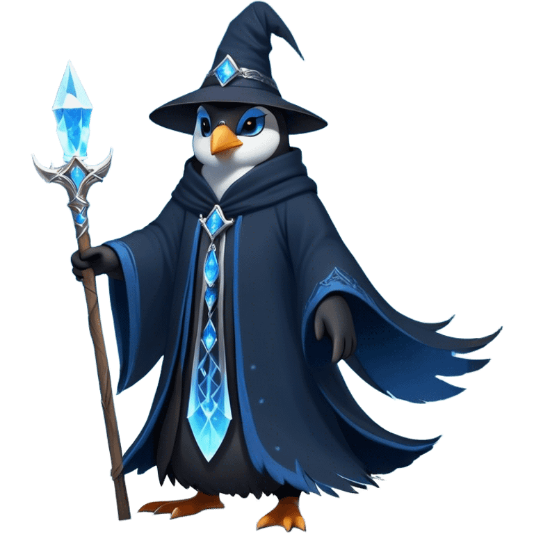 A mysterious penguin mage with sleek midnight-blue feathers, wearing a flowing black robe adorned with silver runes. A tall, pointed wizard hat sits slightly tilted on his head, the brim casting a shadow over his glowing icy-blue eyes. His flipper clutches an ancient wooden staff topped with a swirling crystal, radiating a soft, cold light. Snowflakes drift around him as he stands on a frozen cliff, his aura crackling with arcane energy, ready to summon a blizzard with a flick of his staff. emoji