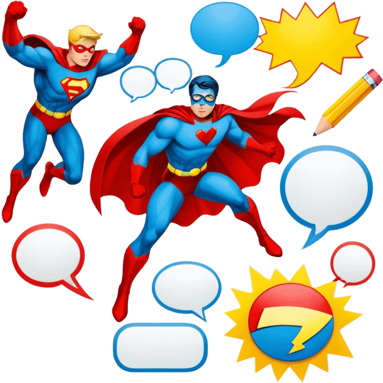 Create a vibrant and dynamic emoji representing comic books and graphic novels as an art form. The design should feature a comic book page with panels and speech bubbles, showcasing bold lines and vibrant colors. Include elements like a pencil or pen, as well as a superhero icon or an action scene to symbolize storytelling through visuals. Use bright, energetic colors like red, blue, and yellow to convey excitement and creativity. The overall design should feel playful, creative, and artistic. Make the background transparent. emoji