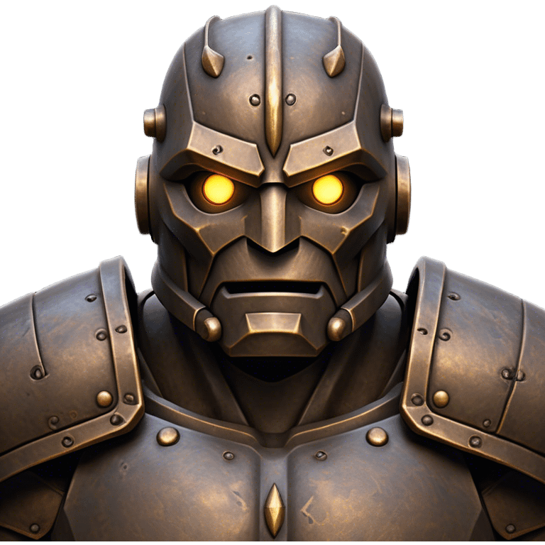 Cinematic Noble Mighty Iron Golem Portrait Emoji Poised and imposing, with a towering, metallic form forged from intricately detailed plates of burnished steel and ancient bronze, etched with faint traces of runes and weathered marks of time. Its piercing, glowing eyes radiate unwavering resolve, casting a solemn and commanding presence; rendered with lifelike texture and natural metallic highlights, high shine, elegant yet indomitable, styled with an aura of legendary endurance, focused and resolute, soft glowing outline, capturing the essence of an eternal guardian, standing vigilant and immovable as if ready to awaken at any moment with unstoppable might! emoji