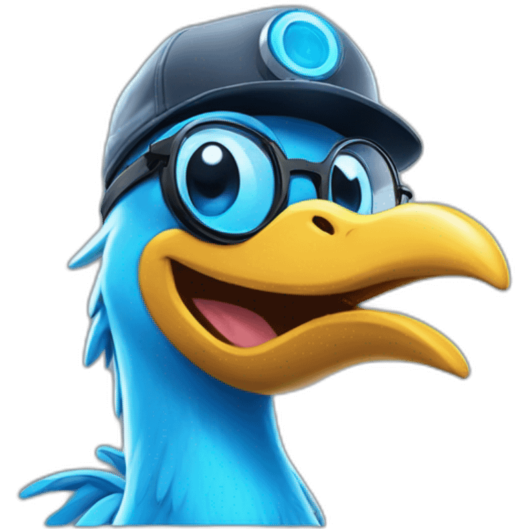 Crazy funny Cyberpunk Articuno head with beautiful smile wearing glasses and hat emoji