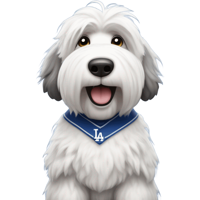 Old English Sheepdog full height wearing a Los Angeles dodgers baseball jersey emoji