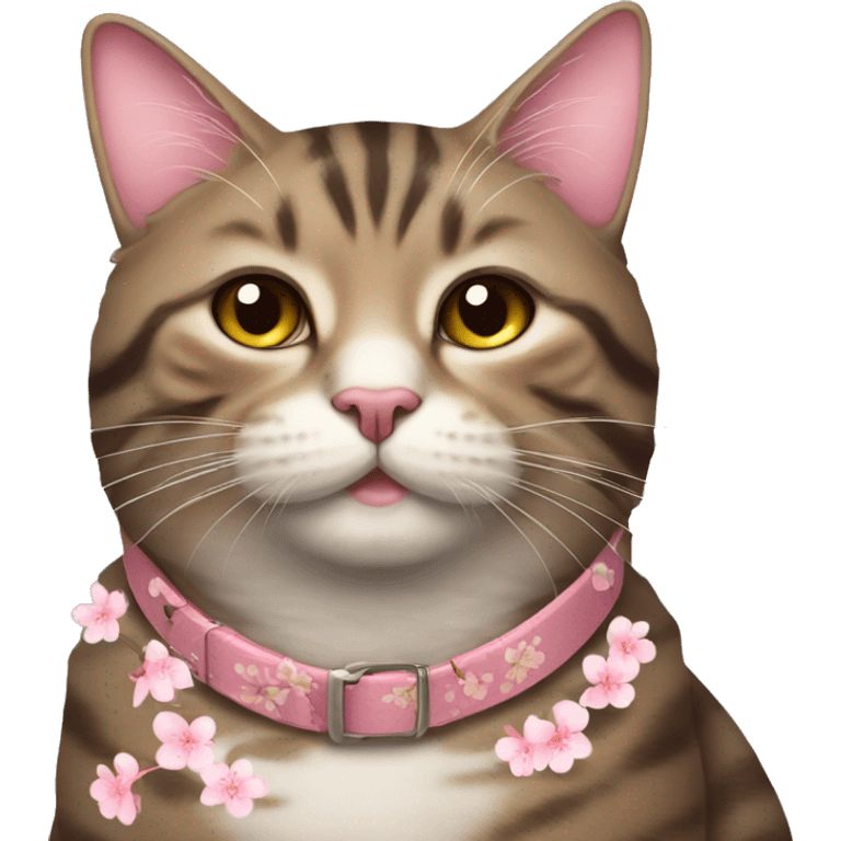 Chunky tabby cat with cherry blossom collar emoji