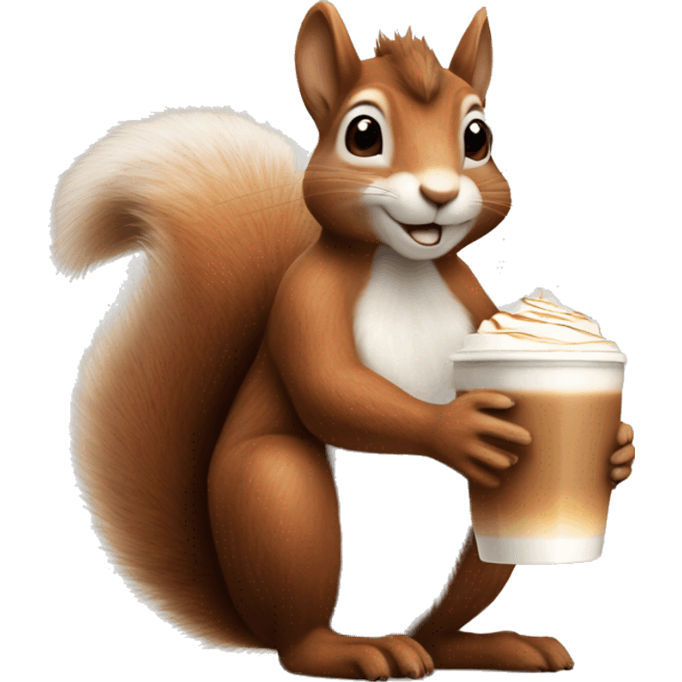 Realistic squirrel with fluffy ears sitting and holding cup of latte macchiato  emoji