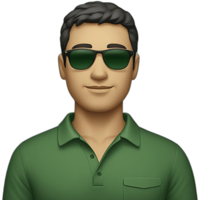  a man with short dark hair and fair skin, wearing sunglasses and a dark green polo shirt emoji