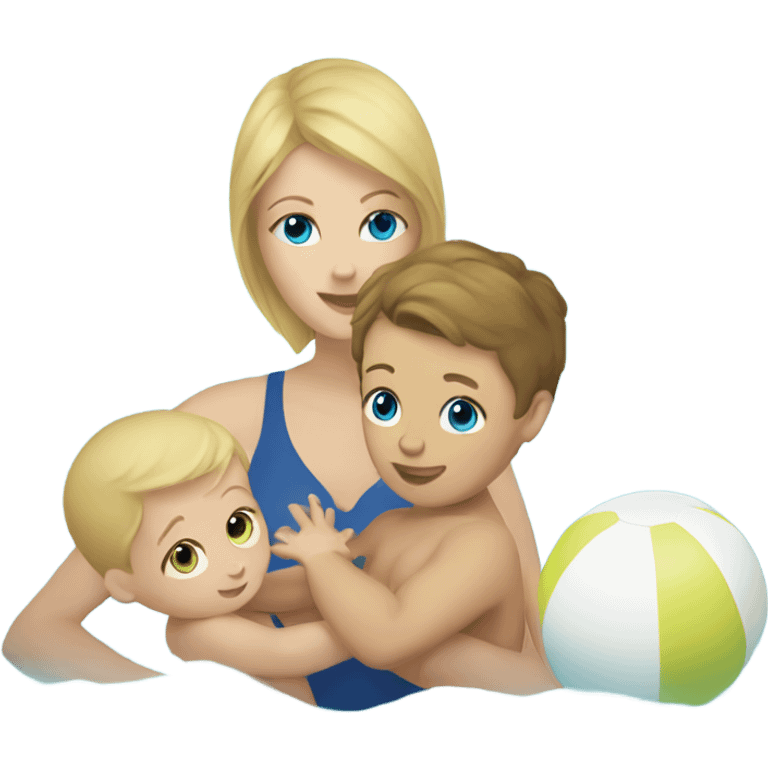 Blonde mom and baby boy brown hair blue eyes swimming emoji