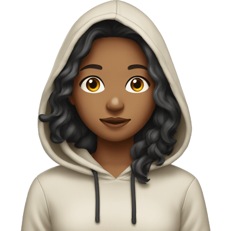 Caramel complexion girl with long wavy black hair wearing hoodie  emoji