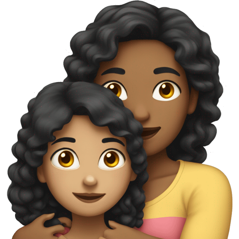 Daughter hugging her mother both with black hair and light skin emoji