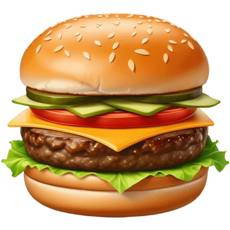 Cinematic juicy cheeseburger, perfectly grilled patty, melted cheese, crisp lettuce, tomatoes, and pickles, soft sesame seed bun, glossy and rich, warm glowing background, ultra-detailed and appetizing. emoji