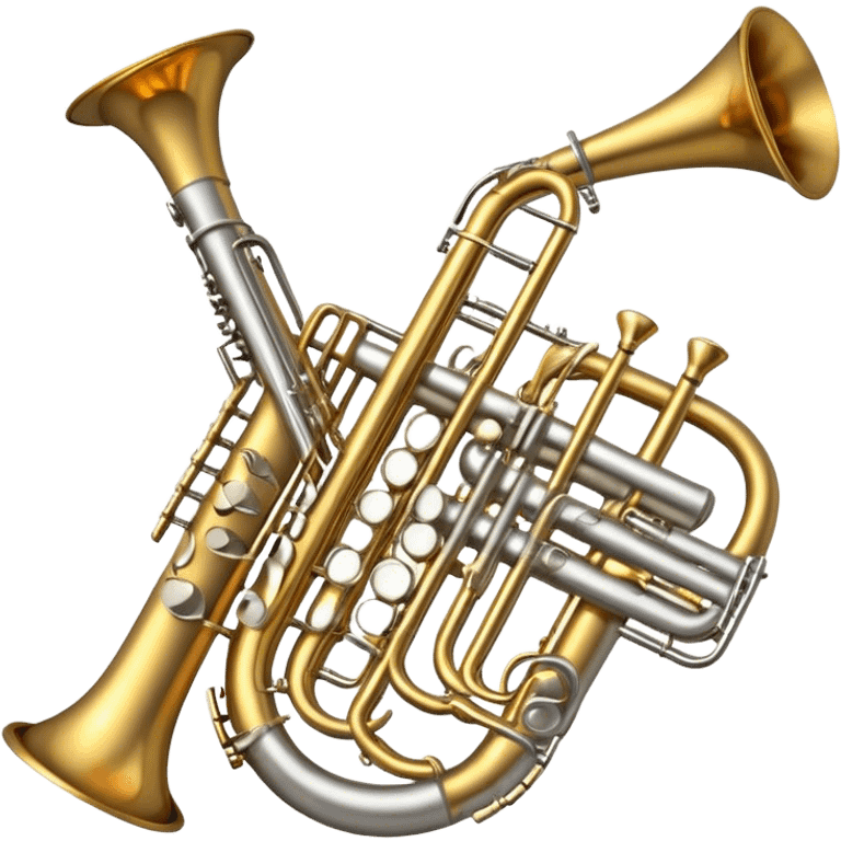 Create a professional and elegant emoji collage symbolizing wind instruments, using a combination of copper, white metal, and black wood. The design should feature iconic instruments like a trumpet, saxophone, tube, oboe, and horn. Each instrument should be represented with its key elements clearly visible.
Each instrument should be designed with realistic textures, including the gleam of metal and the deep, rich tone of black wood. Arrange the instruments in a balanced and harmonious way, making sure the elements are easily recognizable. Use metallic gold, silver, and copper tones with black wood accents. The background should be transparent to highlight the instruments. emoji