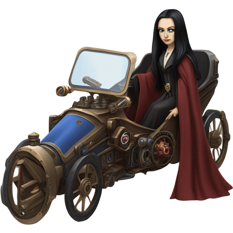 Jedi teen Morticia Addams flying a red and blue Zephyr-J  powered by an imperial speeder steampunked  emoji