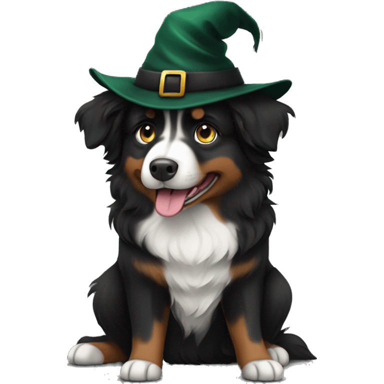 Small black australian shepherd dog dark green witch hat emoji