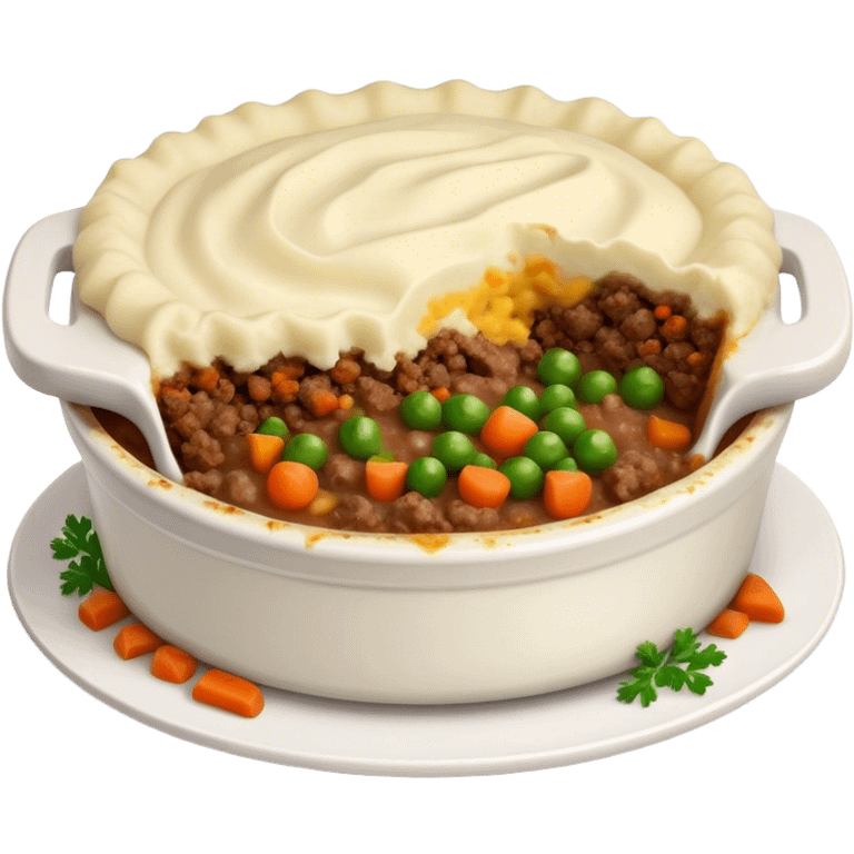 Cinematic Realistic Shepherd's Pie Dish Emoji, depicted with rich, savory minced lamb and vegetable filling topped with creamy mashed potatoes, rendered with exquisite detail and natural warm lighting that highlights its homestyle appeal. emoji