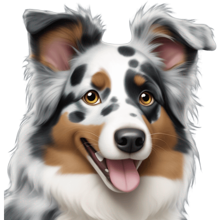 Australian Shepherd Blue Merle with Blue eyes, ran around the snout one ear spotted one ear black with a white spot smiling happy tongue out emoji