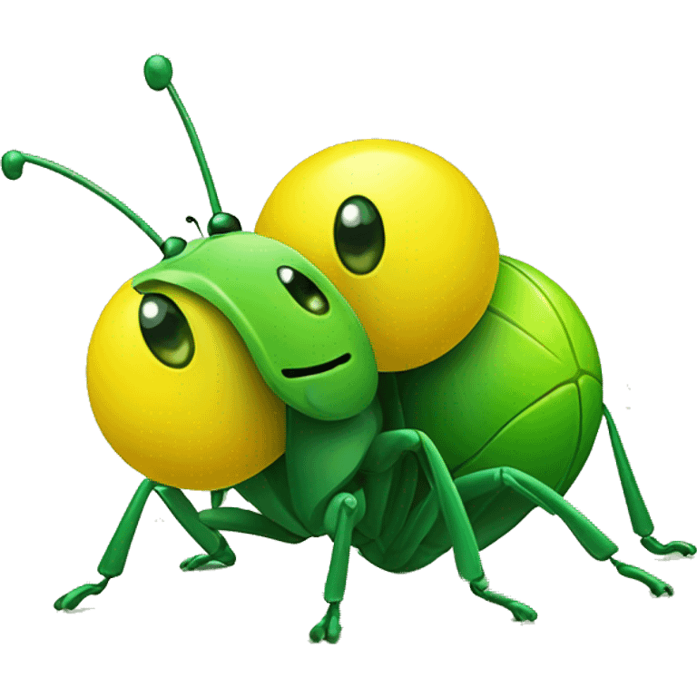 funny green bug playing with three yellow balls emoji