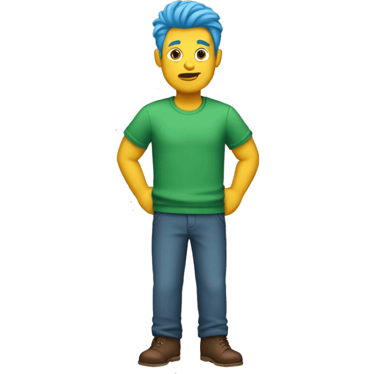 yellow man with blue hair and green shirt with brown pants emoji