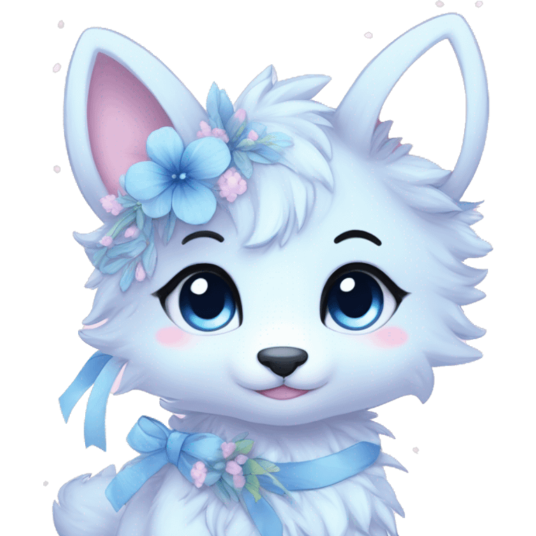 Anthro Cute Cool Blushing Pastel Innocent Shy Kawaii gorgeous sparkly ethereal fantasy anime animal creature with blue eyes furry sona with flowers and ribbons beautiful aesthetic emoji