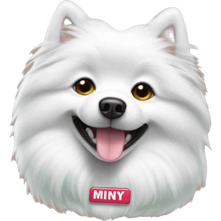 japanese spitz with name tag that says minty emoji