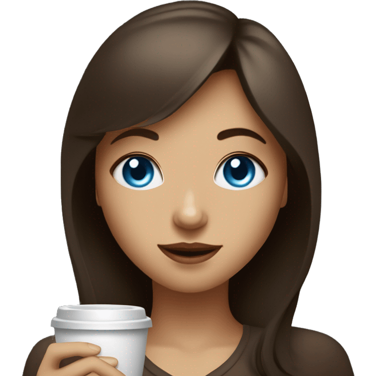 a girl with blue eyes with bangs on dark brown hair drinks coffee emoji