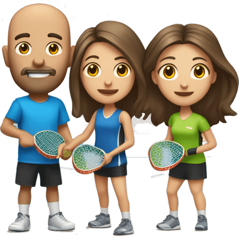 4 Caucasian people playing pickleball with 1 tall bald male, 1 shorter brown hair male, 1 girl with long brown hair, 1 girl  with brown hair emoji