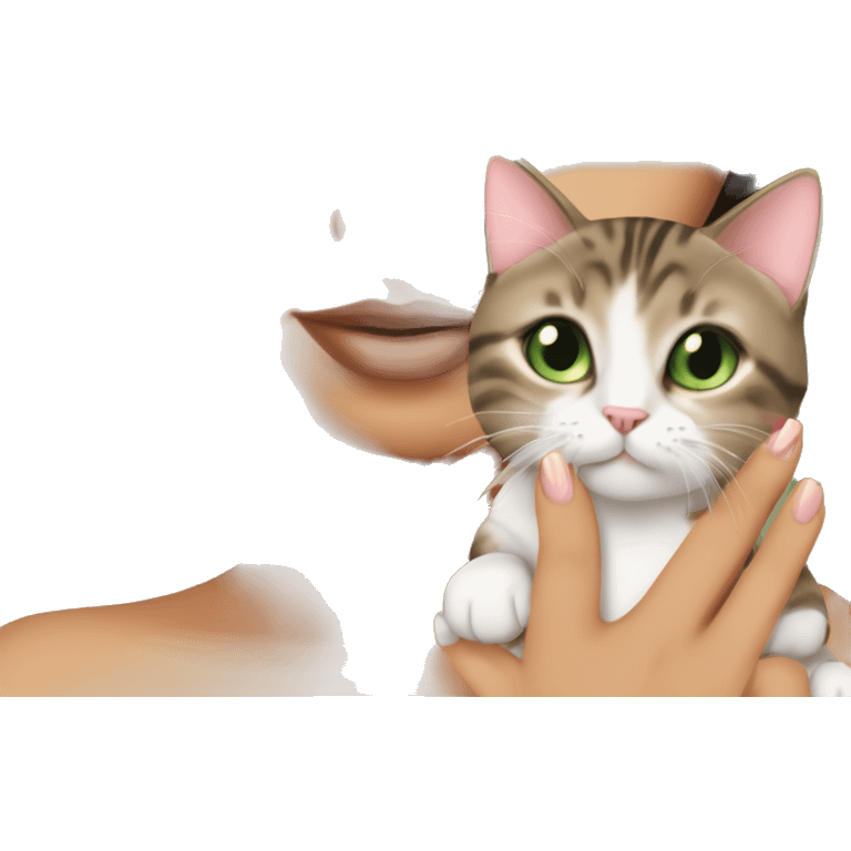 A girl with green eyes and dark brown straight hair, and makeup nude lipstick  and eyelashes, slightly tanned, oval light pink fingernails ,white top, holding a brown tabby cat with green eyes  emoji