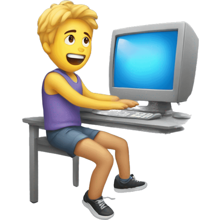 nervous guy jumping on a computer emoji