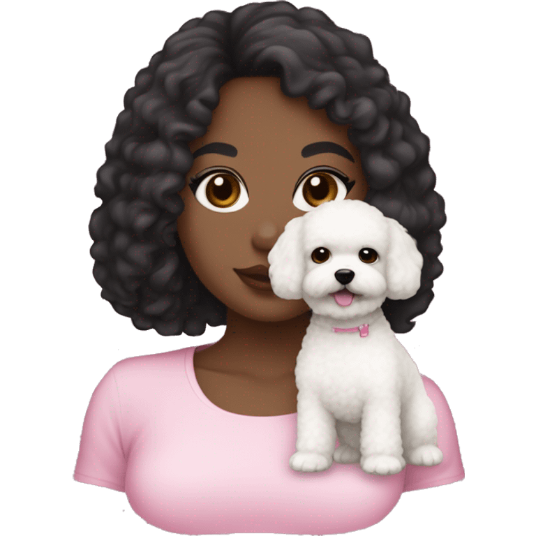 a girl with dark hair, black eyes, white skin, medium curly hair, black eyebrows, wearing pink lipstick, holding a white maltipoo dog, with straight hair  emoji