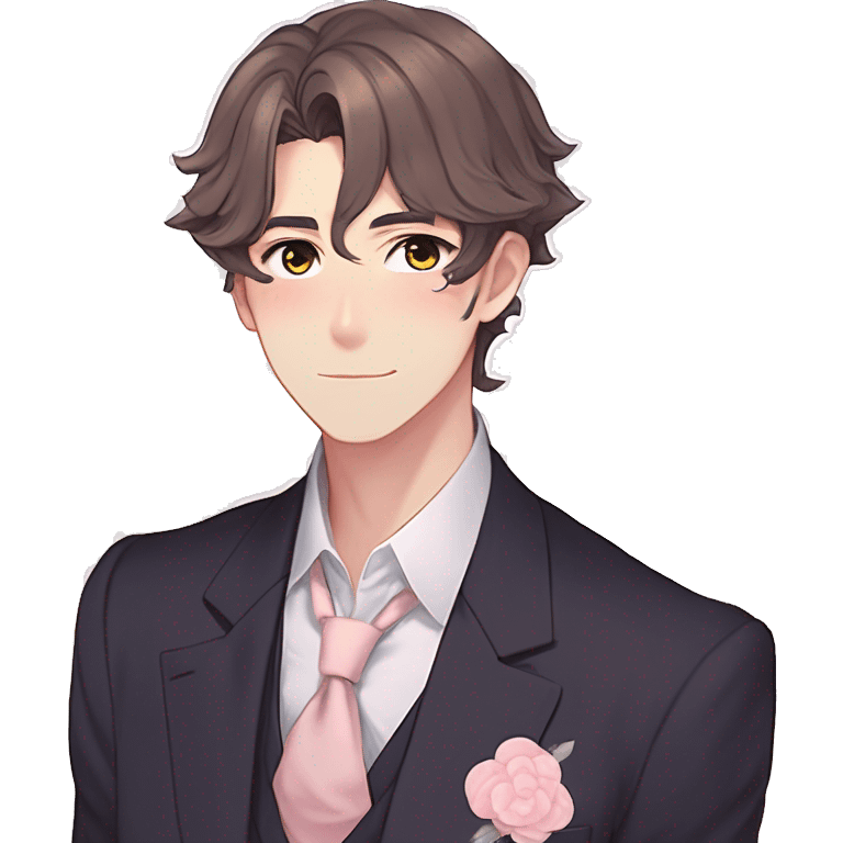 Gorgeous romantic hot attractive anime style formal modern gentlemanly anime shojo guy with pretty hair and flower petals and blushing face aesthetic trending style with colorful gradient colors  pastelcore cottagecore kawaiicore emoji