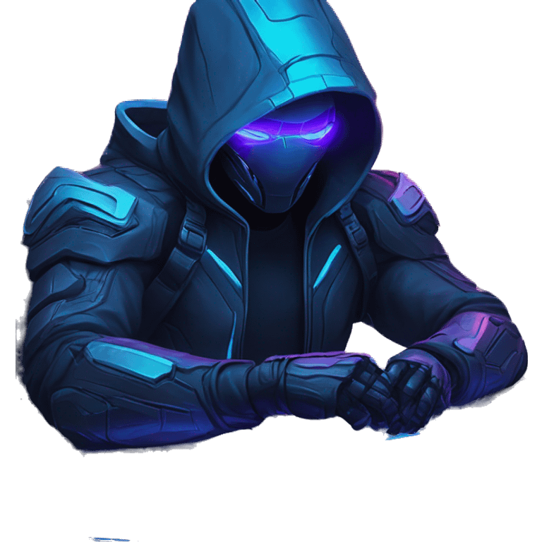 developer behind his laptop with this style : crysis Cyberpunk Riot Games Valorant neon glowing bright blue character blue black hooded assassin themed character emoji