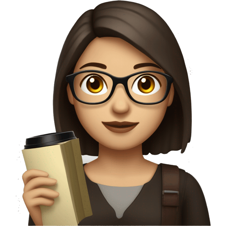 A girl with medium fair skin, short dark brown hair that reaches her shoulders, dark brown eyes, wearing rectangular glasses, smiling calmly and holding a book in her hand with a black cup of coffee emoji