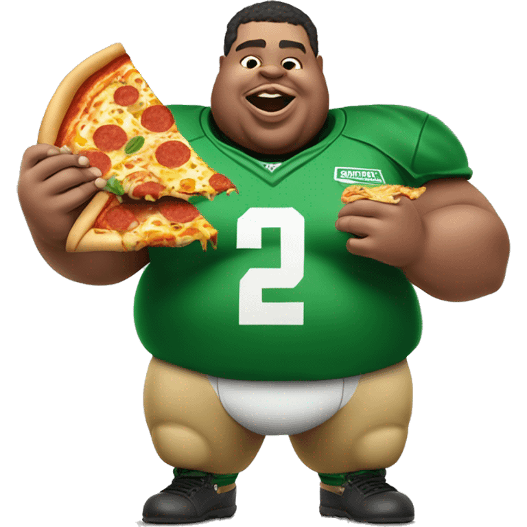 Fat pigman wearing a green Marshall football jersey eating globs of cheesy pizza  emoji