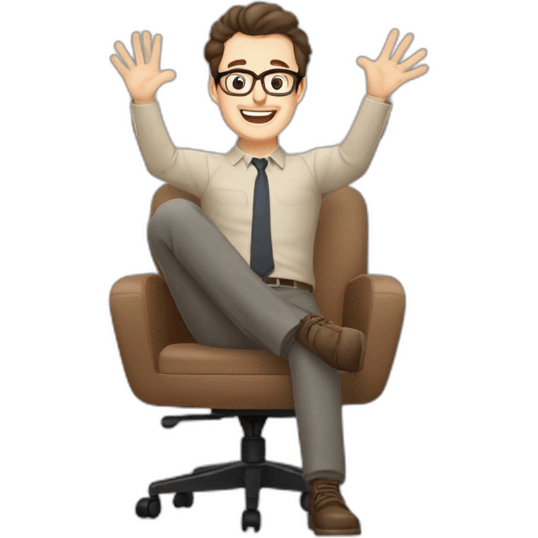 Joyful Celebrating victory Hands up Pale skinned Fit Man With dark brown hair in gray jacket, beige office shirt, Brown pants and vintage glasses sitting In a soft chair emoji