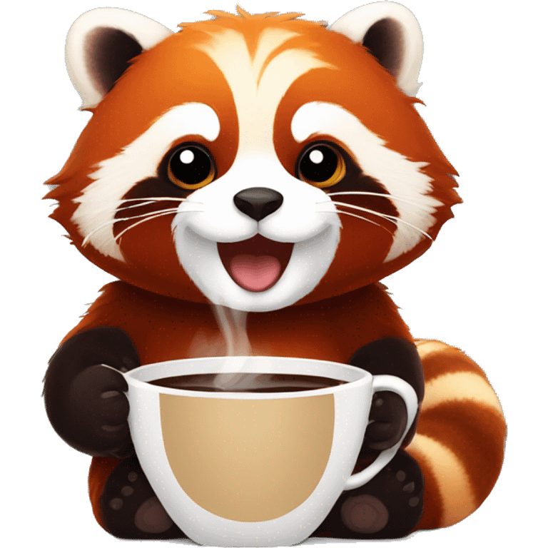 sweet red panda with a cup of coffee, comicstyle emoji