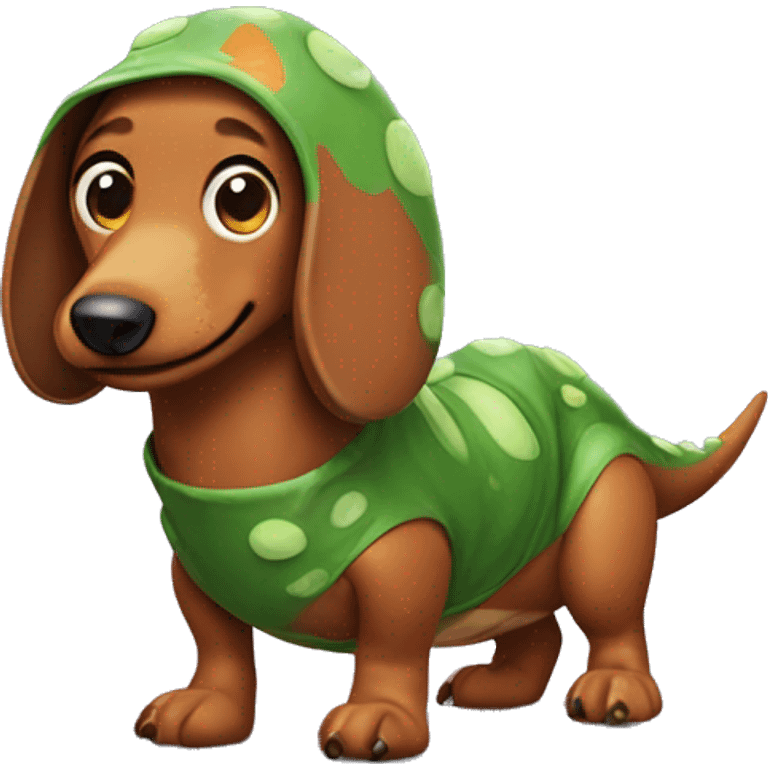 Sausage dog wearing a dinosaur costume  emoji