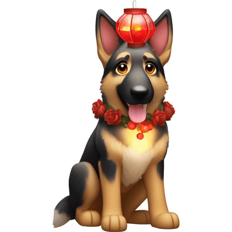 Brindled German shepherd fox carrying glowing red lantern, fairy lights, rose flower crown emoji