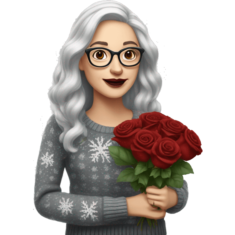 Attractive Caucasian woman with long grey hair, wearing wire frame glasses, dark red lipstick, and a christmas sweater, holding a bouquet of roses emoji