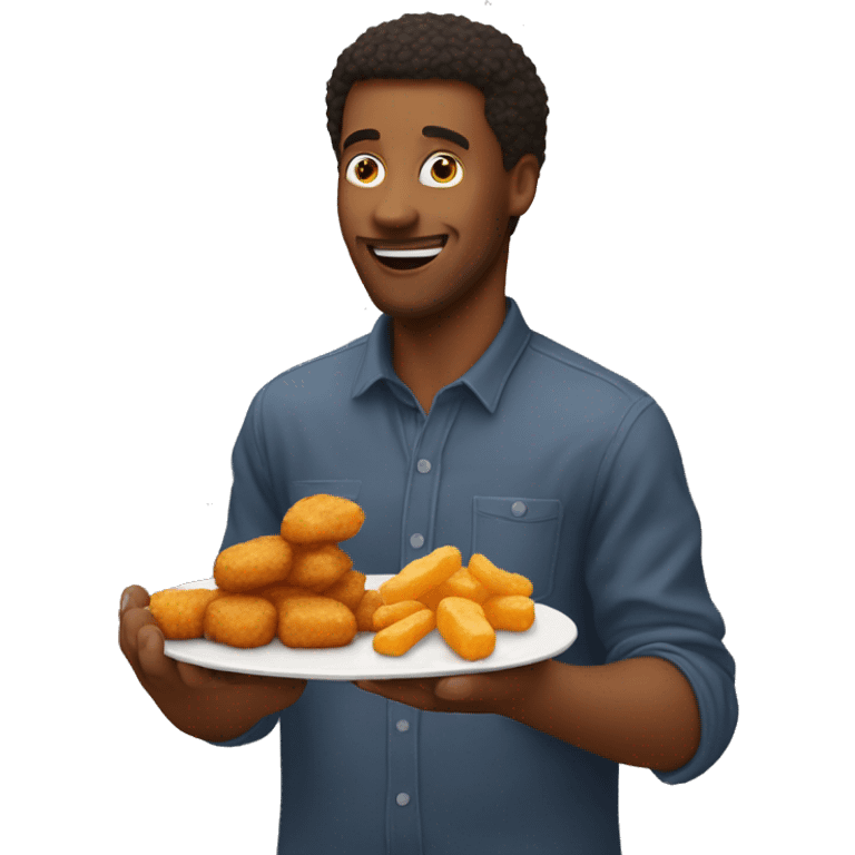 A guy eating a chicken nugget that's getting eaten by chicken nugget emoji