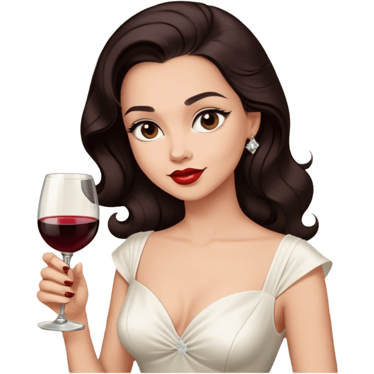 Beautiful woman in 1950’s woman fashion look, white dress, long hair, wine, dark brown hair emoji