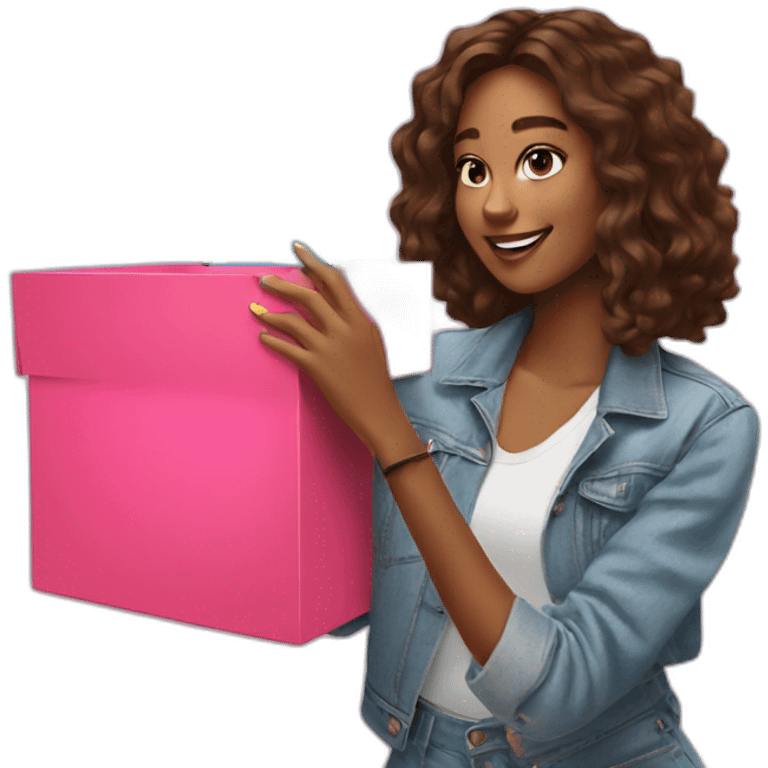 influencer taking a selfie holding a bright box emoji