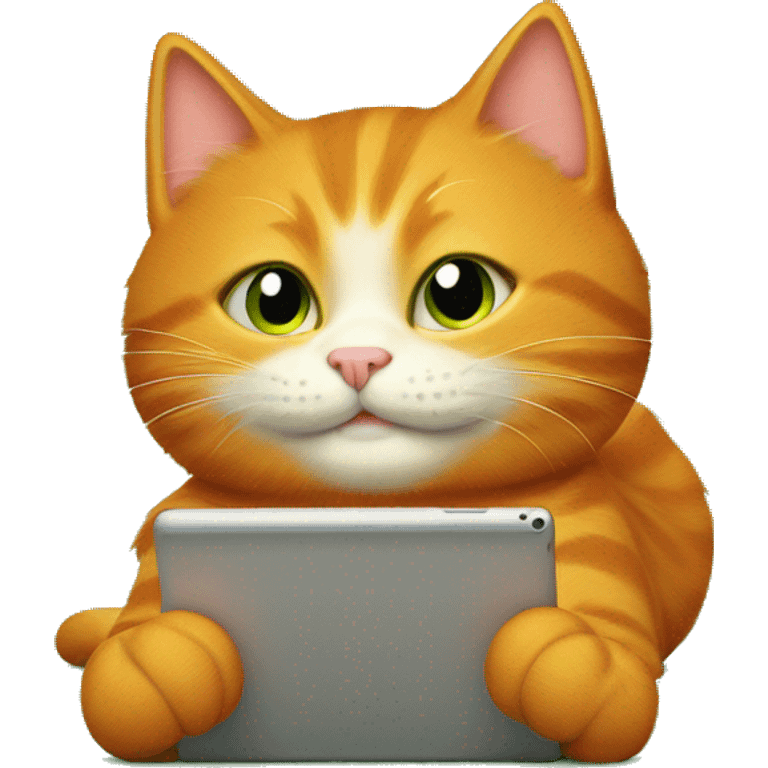 A happy orange cat lies on its back on a green sofa, holding a tablet. emoji