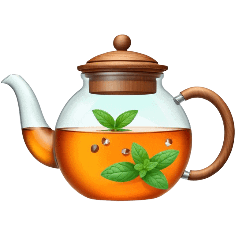 Cinematic realistic emoji depicting a transparent teapot with a realistic wooden lid filled with tea and floating in it small pieces of orange and two mint leaves, rich texture, without unnecessary decoration emoji