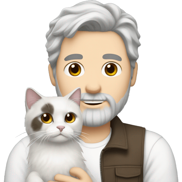 White men with mix of dark brown and grey hair and beard holding white ragdoll cat emoji