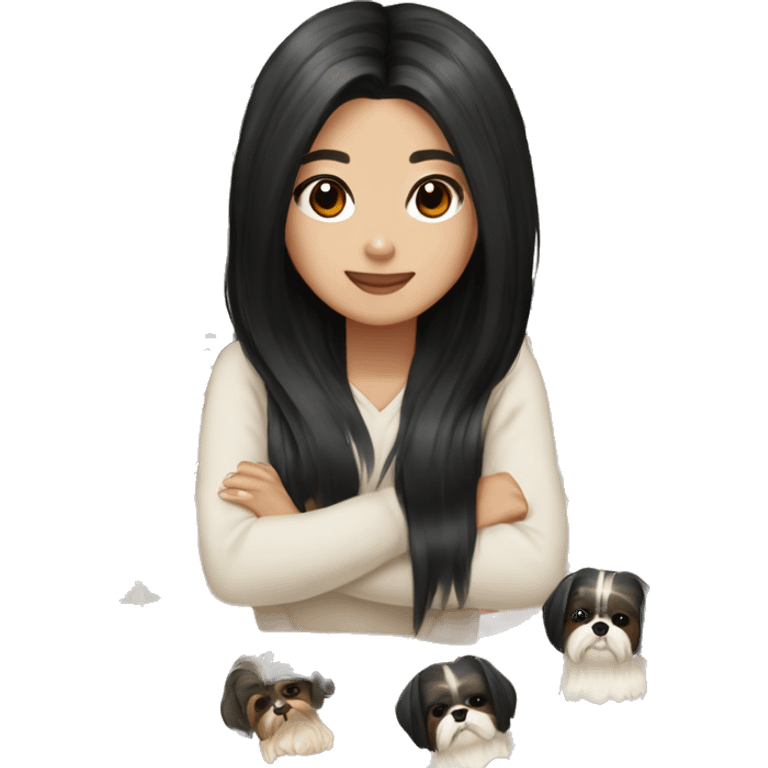 long black hair korean girl with beige and black shih tzu yorkie emoji