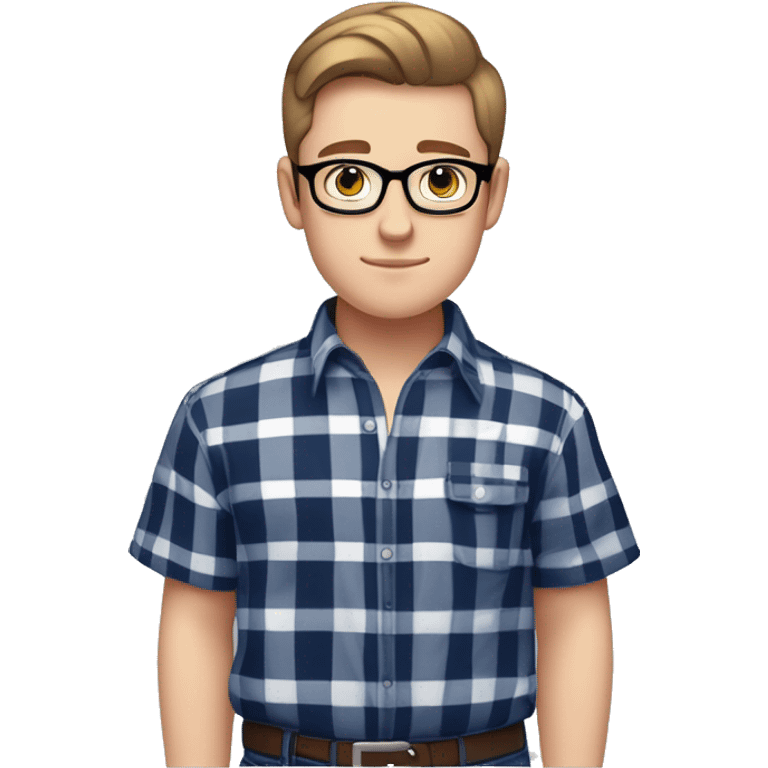 A chubby young white male teenager with facial stubble, thick black glasses, neatly trimmed short brown hair, exuding confidence, clad in a navy blue and white checked plaid short sleeve shirt that is unbuttoned with a white t-shirt underneath. emoji