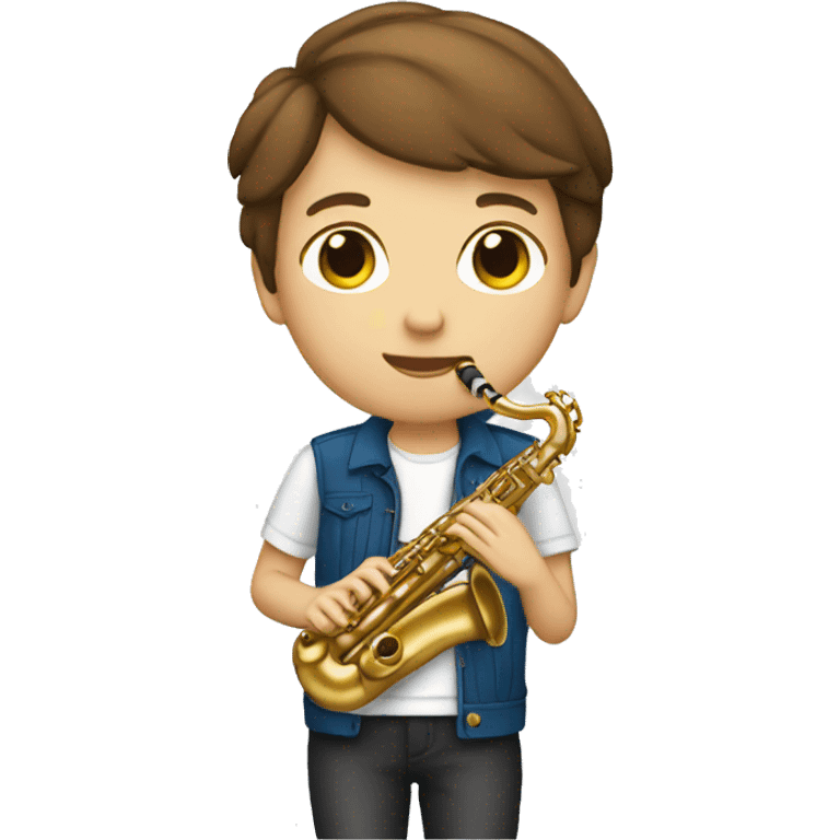 White teenager with short brown hair playing the alto saxophone emoji