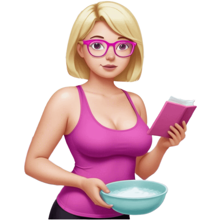 Curvy fair skinned woman, freckled skin, short blond hair, small light purple reading glasses, washing dishes, short flowing sheer hot pink tank top, without undergarments SFW, black yoga pants, thick booty emoji