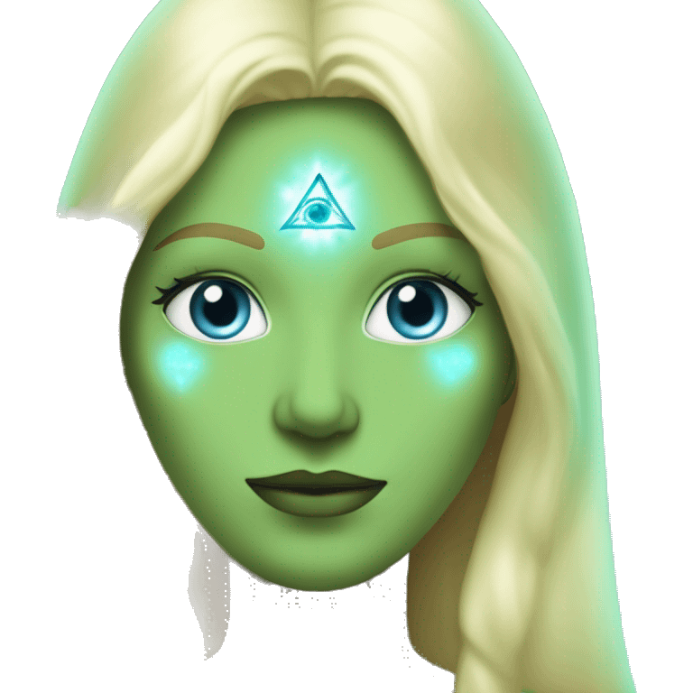 nordic pleiadian in green clothing with thin face long blonde hair and blue eyes third eye glowing emoji