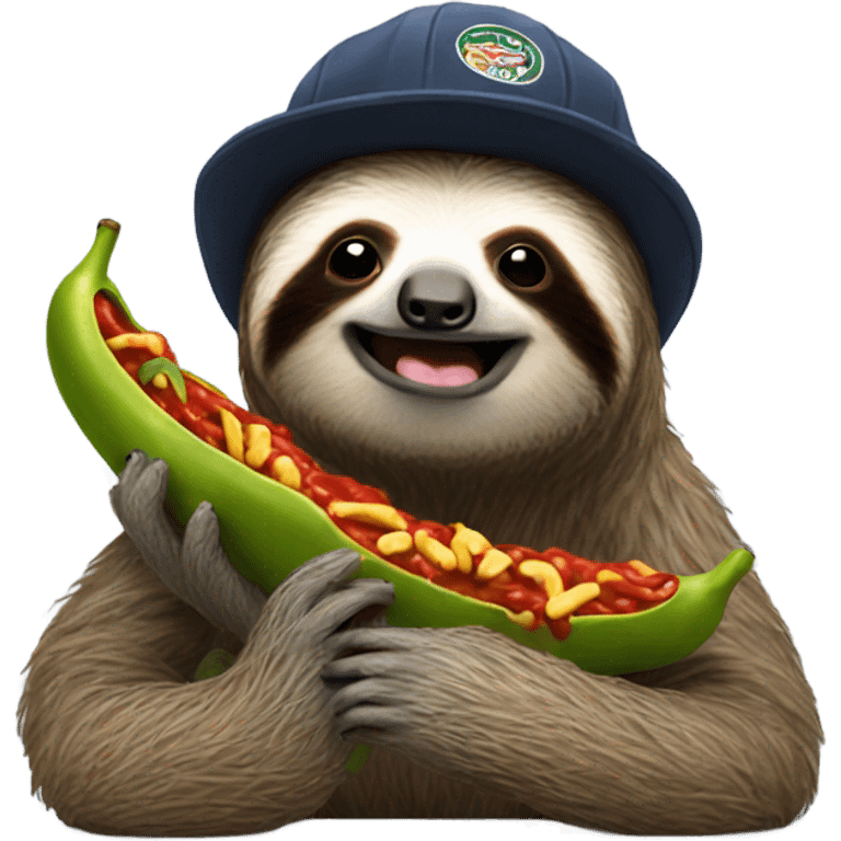 Sloth eating chili wearing a cap emoji