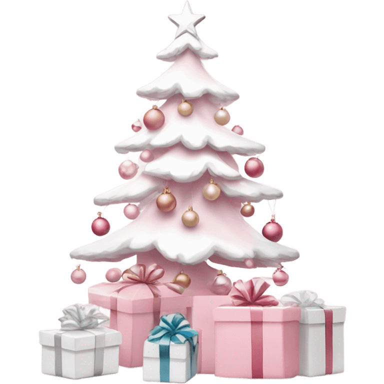 Light pink Christmas gifts under a white Christmas tree  emoji