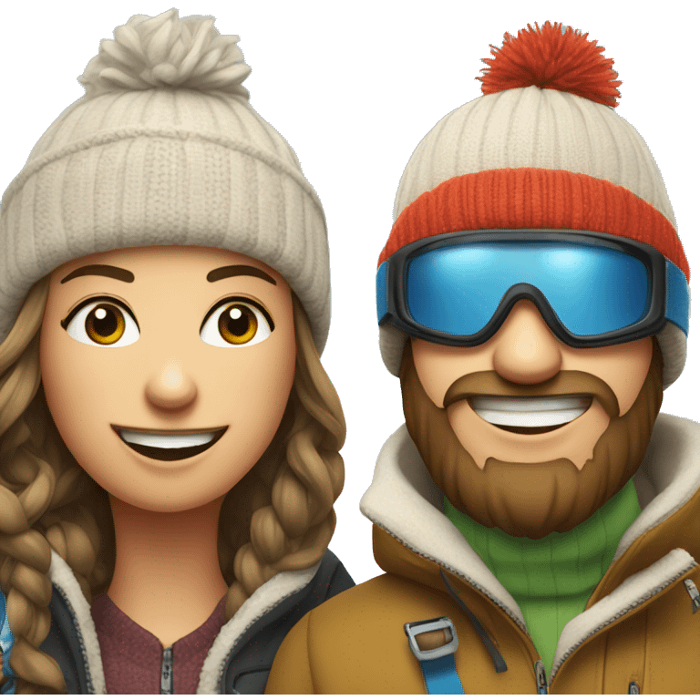 Ski bum couple with beanie and ski goggles with beers emoji